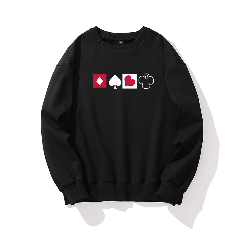 A loose and fashionable men's and women's top with poker card element printed round-neck sweatshirt for autumn/Winter 2025 
A loose and fashionable men's and women's top with poker card element printed round-neck sweatshirt for autumn/Winter 2025