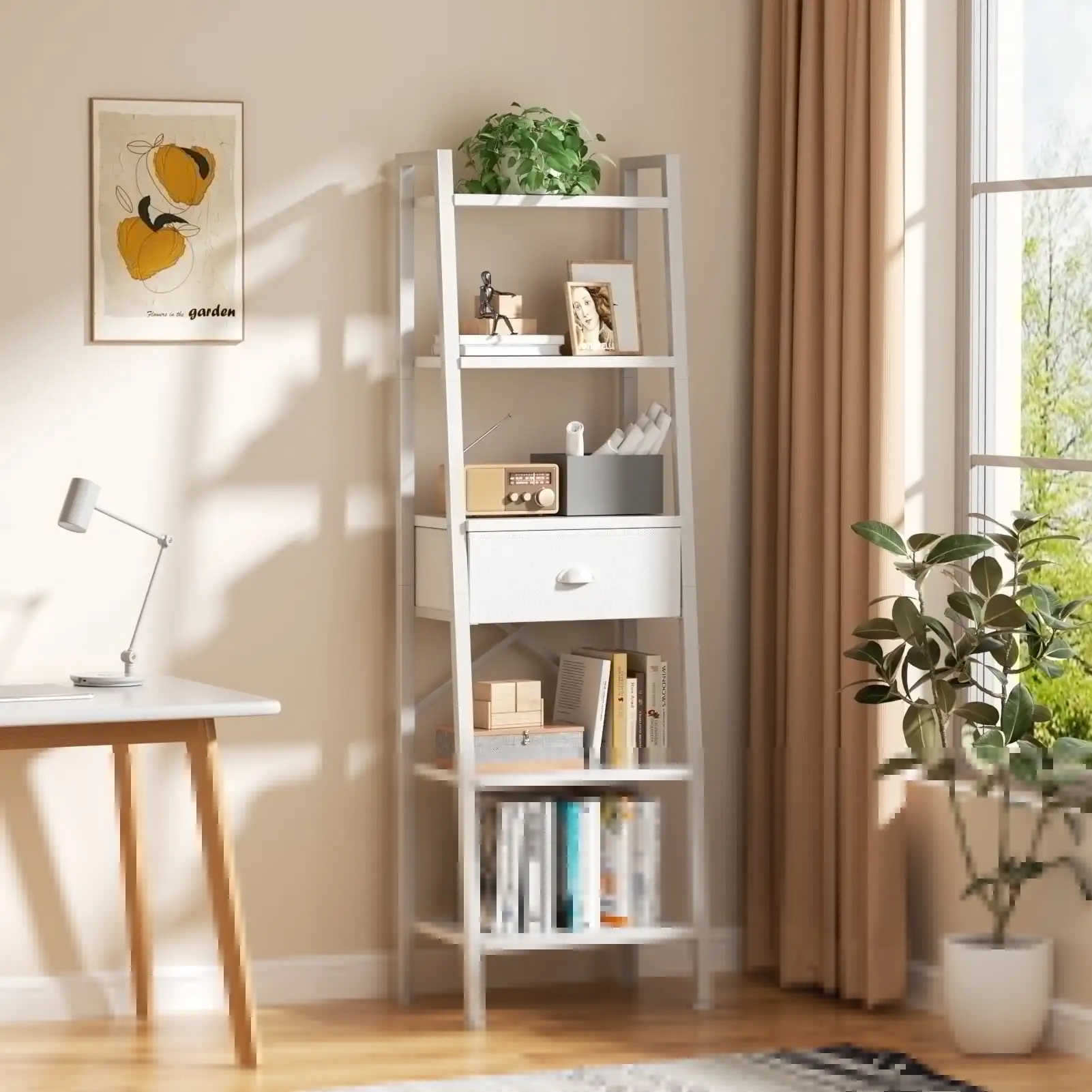 5-Tier 59.5" Ladder Bookshelf with Removable Drawers Narrow Bookcase for Living Room,White
5-Tier 59.5" Ladder Bookshelf with Removable Drawers Narrow Bookcase for Living Room,White