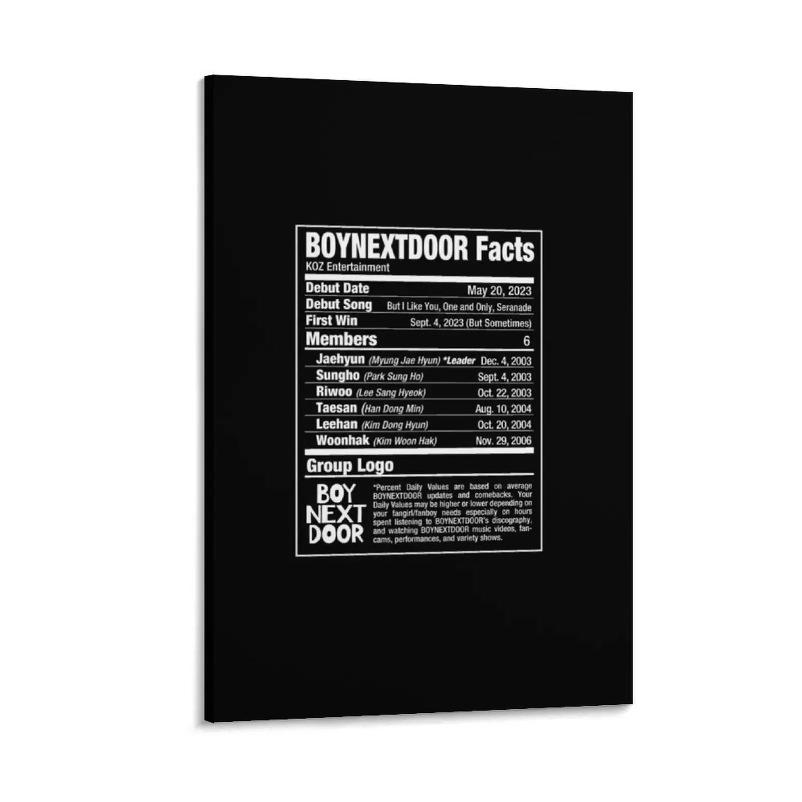 BND BOYNEXTDOOR Kpop Nutritional Facts Canvas Painting anime room decor decorative frames wall room Decor for room
BND BOYNEXTDOOR Kpop Nutritional Facts Canvas Painting anime room decor decorative frames wall room Decor for room