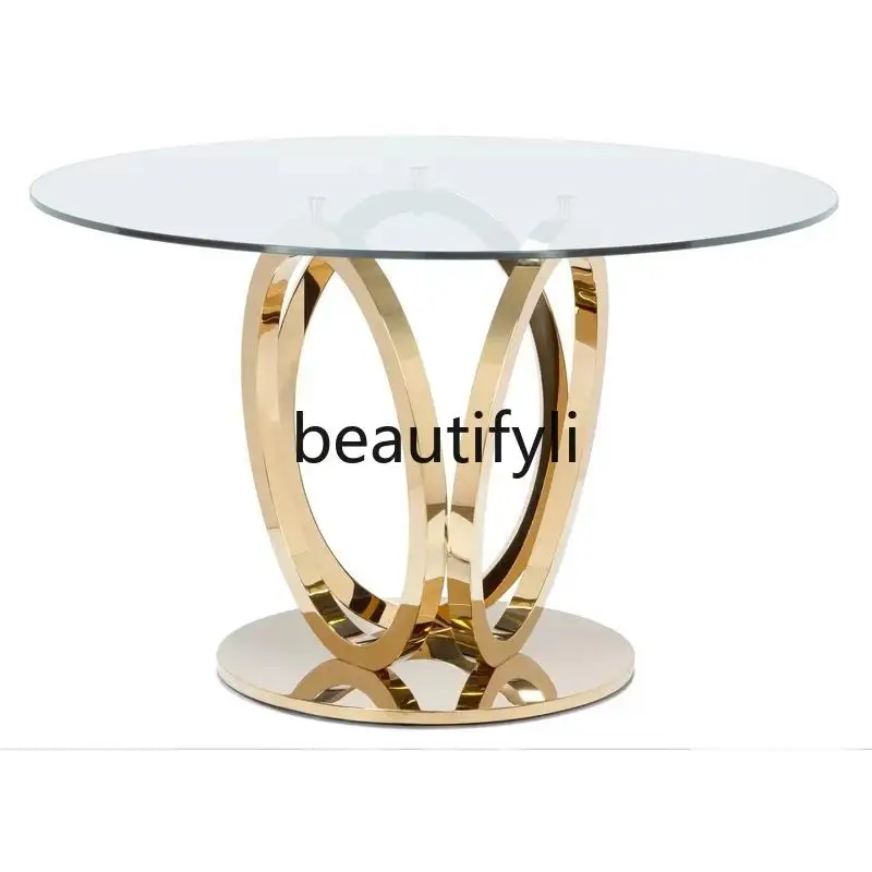 Italian minimalist tempered glass round table stainless steel household round dining table and chair combination
Italian minimalist tempered glass round table stainless steel household round dining table and chair combination