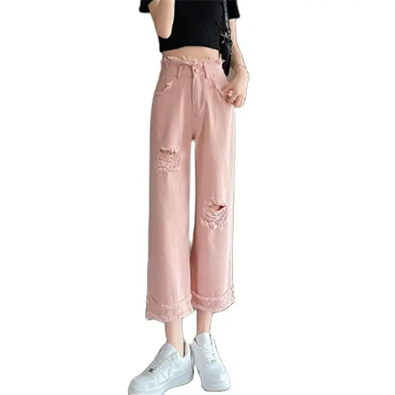 Summer Straight Jeans Women 2023 New Thin Fashion Hole Pure Colour Trousers High Waist Wide-Leg Ankle-Length Trousers Female 
Summer Straight Jeans Women 2023 New Thin Fashion Hole Pure Colour Trousers High Waist Wide-Leg Ankle-Length Trousers Female