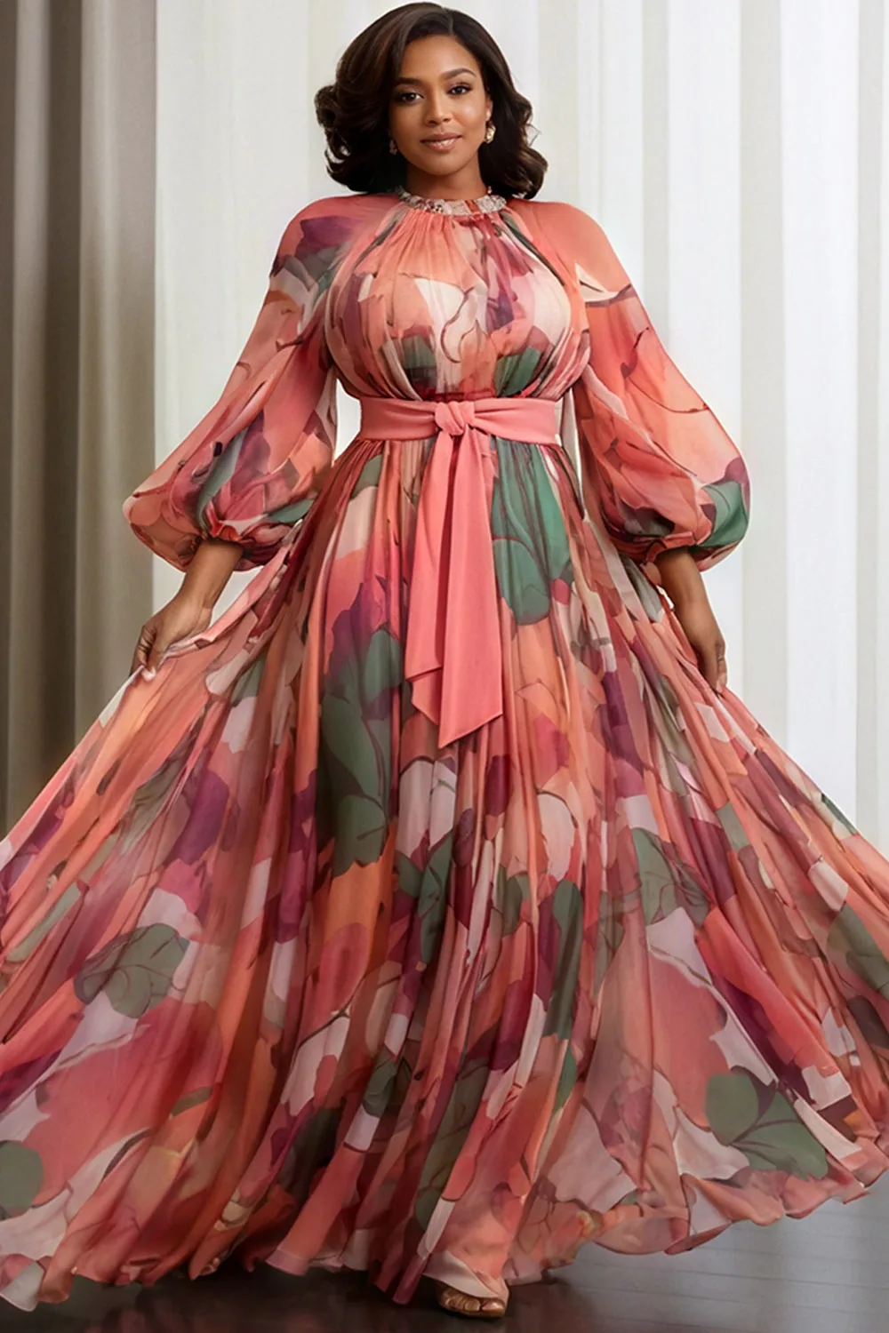 Plus Size Wedding Guest Multicolor Floral Round Neck Lantern Sleeve Long Sleeve Pleated Chiffon Maxi Dresses
Plus Size Wedding Guest Multicolor Floral Round Neck Lantern Sleeve Long Sleeve Pleated Chiffon Maxi Dresses