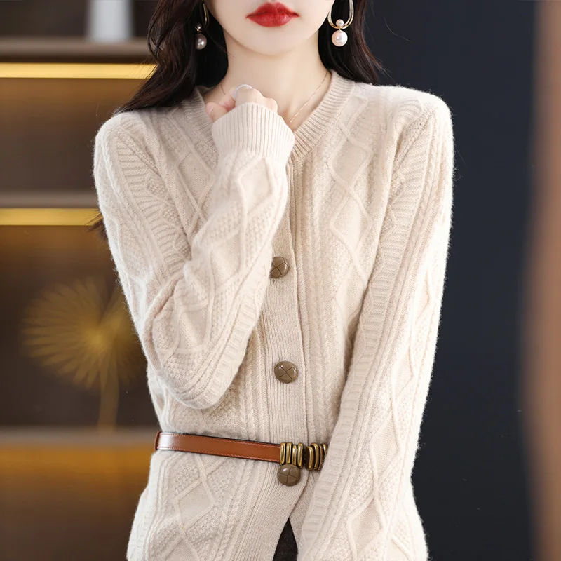 Long Sleeve 100% Merino Wool Leather button cardigan sweater Spring Autumn Women O-Neck Knitwear Tops Clothing Fashion Basic Top
Long Sleeve 100% Merino Wool Leather button cardigan sweater Spring Autumn Women O-Neck Knitwear Tops Clothing Fashion Basic Top