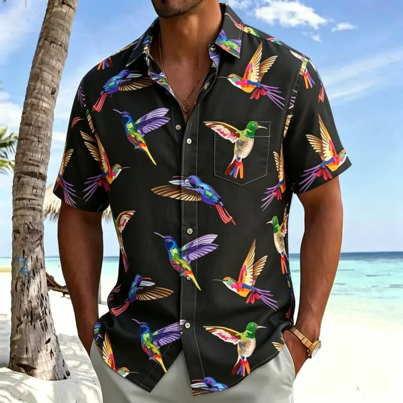 Tropical animal themed printed men's short sleeved shirt with pockets, suitable for beach vacations and outdoor adventures
Tropical animal themed printed men's short sleeved shirt with pockets, suitable for beach vacations and outdoor adventures