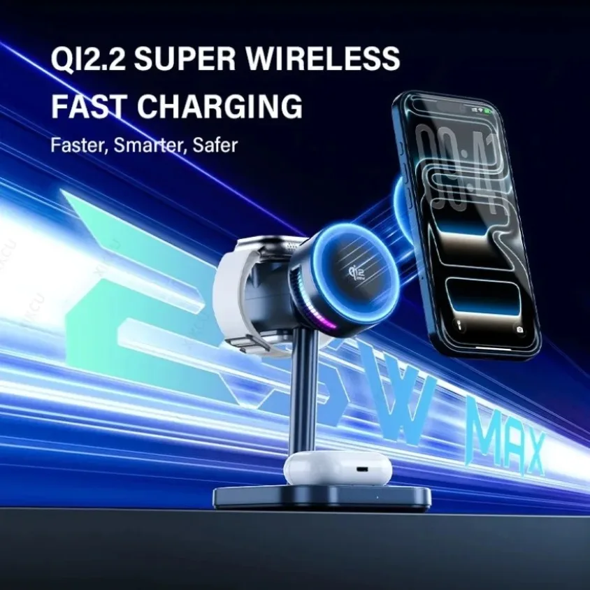 Беспроводное зарядное устройство 3-в-1 Qi2 25 Вт с магнитным креплением, воздушным охлаждением и LED-подсветкой для быстрой зарядки iPhone 17~12, AirPods Pro 3/2, Apple Watch
Беспроводное зарядное устройство 3-в-1 Qi2 25 Вт с магнитным креплением, воздушным охлаждением и LED-подсветкой для быстрой зарядки iPhone 17~12, AirPods Pro 3/2, Apple Watch
