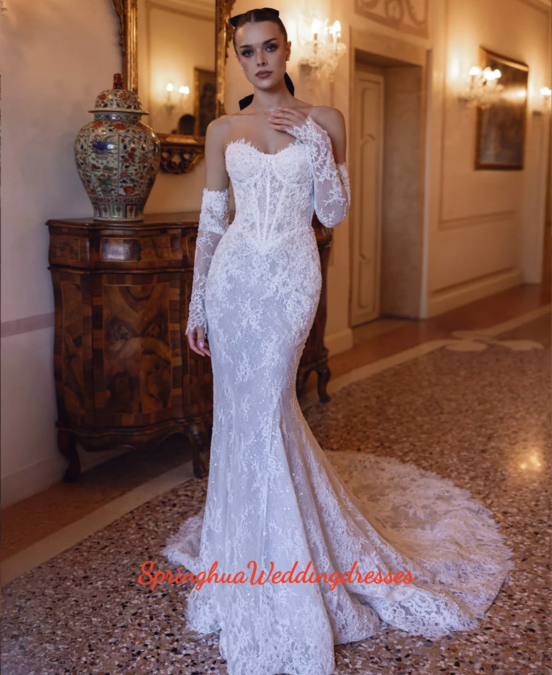 Customized Ivory Gorgeous Floral Lace Wedding Dress Detachable Sleeves Mermaid noche Long Train Formal vestidos de noiva
Customized Ivory Gorgeous Floral Lace Wedding Dress Detachable Sleeves Mermaid noche Long Train Formal vestidos de noiva