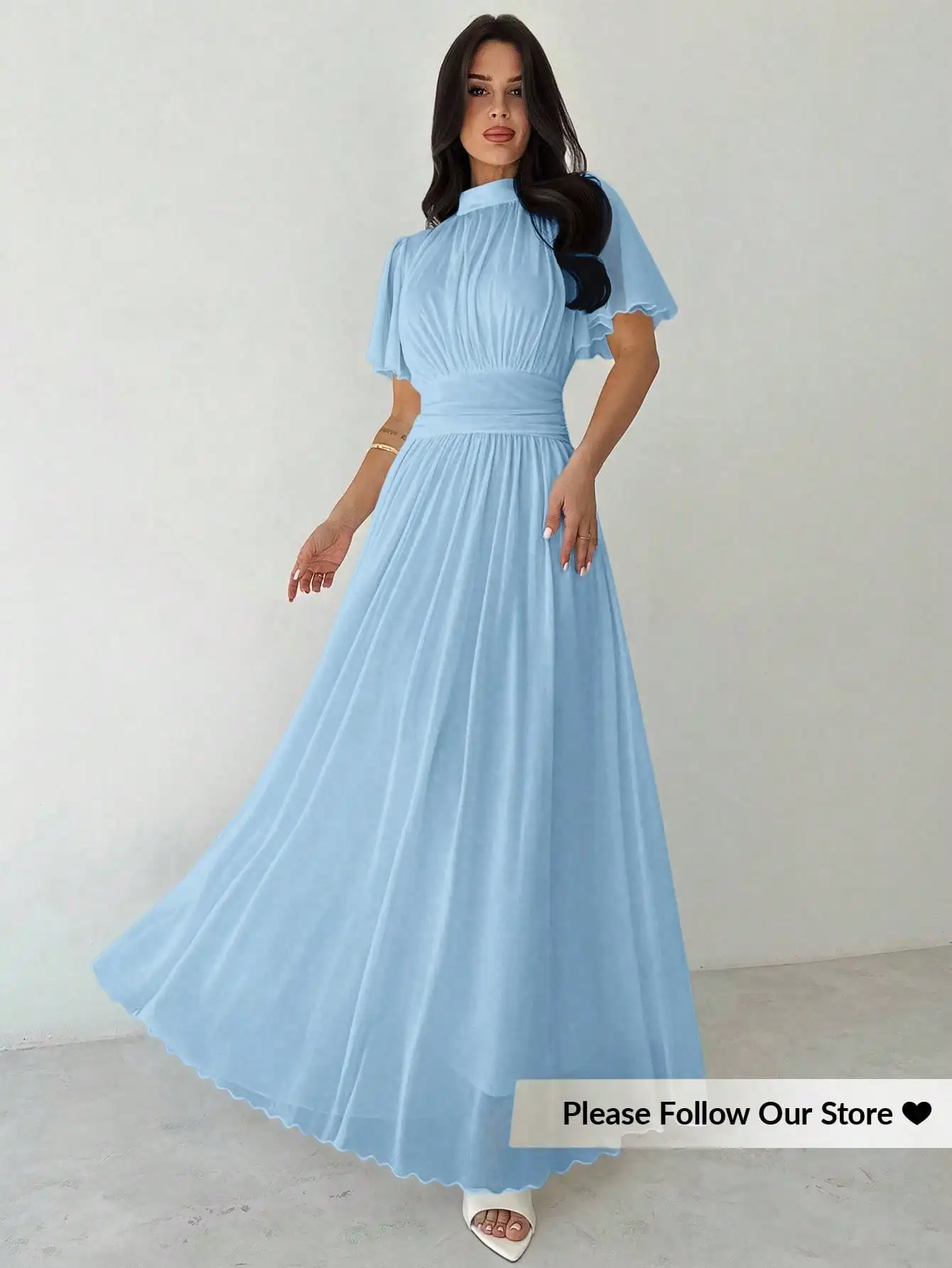 Elegant Blue Maxi Dress With Stand Collar Pleated High Waist A-Line Flare Sleeve
Elegant Blue Maxi Dress With Stand Collar Pleated High Waist A-Line Flare Sleeve