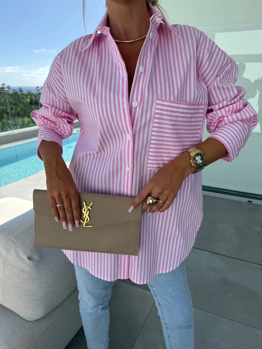 2025 New Casual Women's Shirt Long Sleeve Striped Pocket Button Blue Casual Loose Top Street Office Pink Blouses
2025 New Casual Women's Shirt Long Sleeve Striped Pocket Button Blue Casual Loose Top Street Office Pink Blouses
