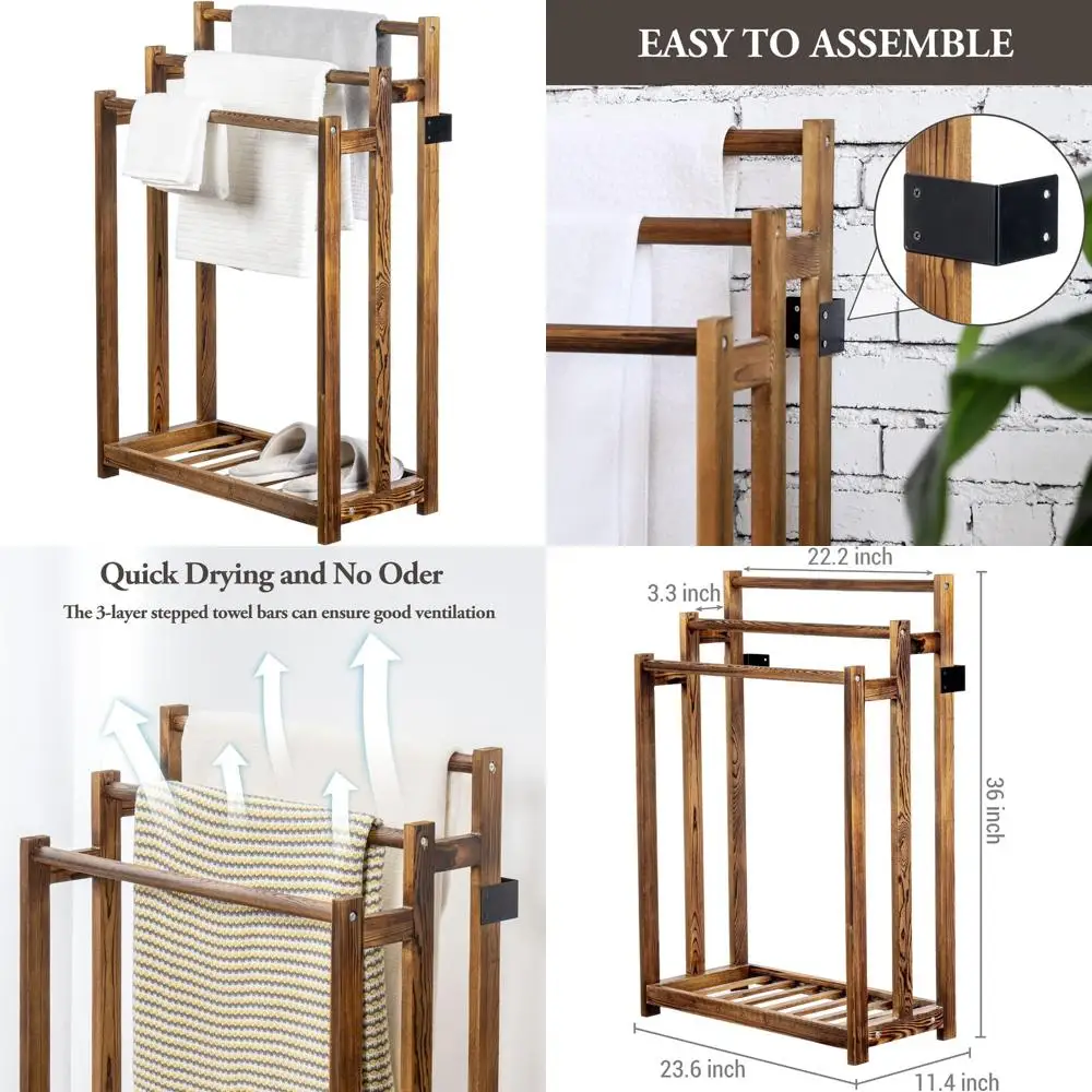 Деревянная трехъярусная вешалка для полотенец темно-коричневого цвета в деревенском стиле с нижней полкой для ванной комнаты
Деревянная трехъярусная вешалка для полотенец темно-коричневого цвета в деревенском стиле с нижней полкой для ванной комнаты