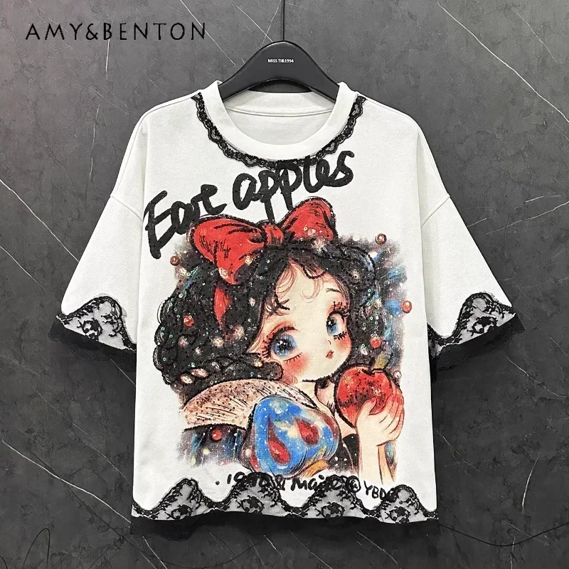 Unique Design Lace Sequin Print Cartoon Princess Short-sleeved T-shirt Women's Loose Casual Top 2025 Summer New Short Tees Girls
Unique Design Lace Sequin Print Cartoon Princess Short-sleeved T-shirt Women's Loose Casual Top 2025 Summer New Short Tees Girls