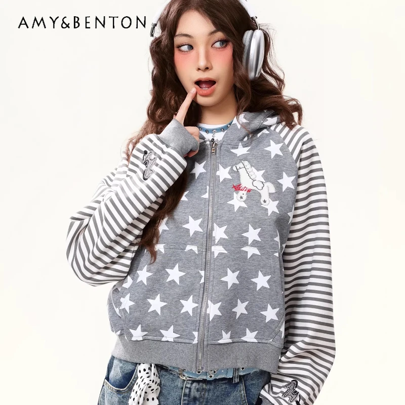 2026 Spring New Gray Star Striped Splicing Hooded Women's Sweatshirt Retro Design Sweet Cool Zipper Versatile Jackets Ladies
2026 Spring New Gray Star Striped Splicing Hooded Women's Sweatshirt Retro Design Sweet Cool Zipper Versatile Jackets Ladies