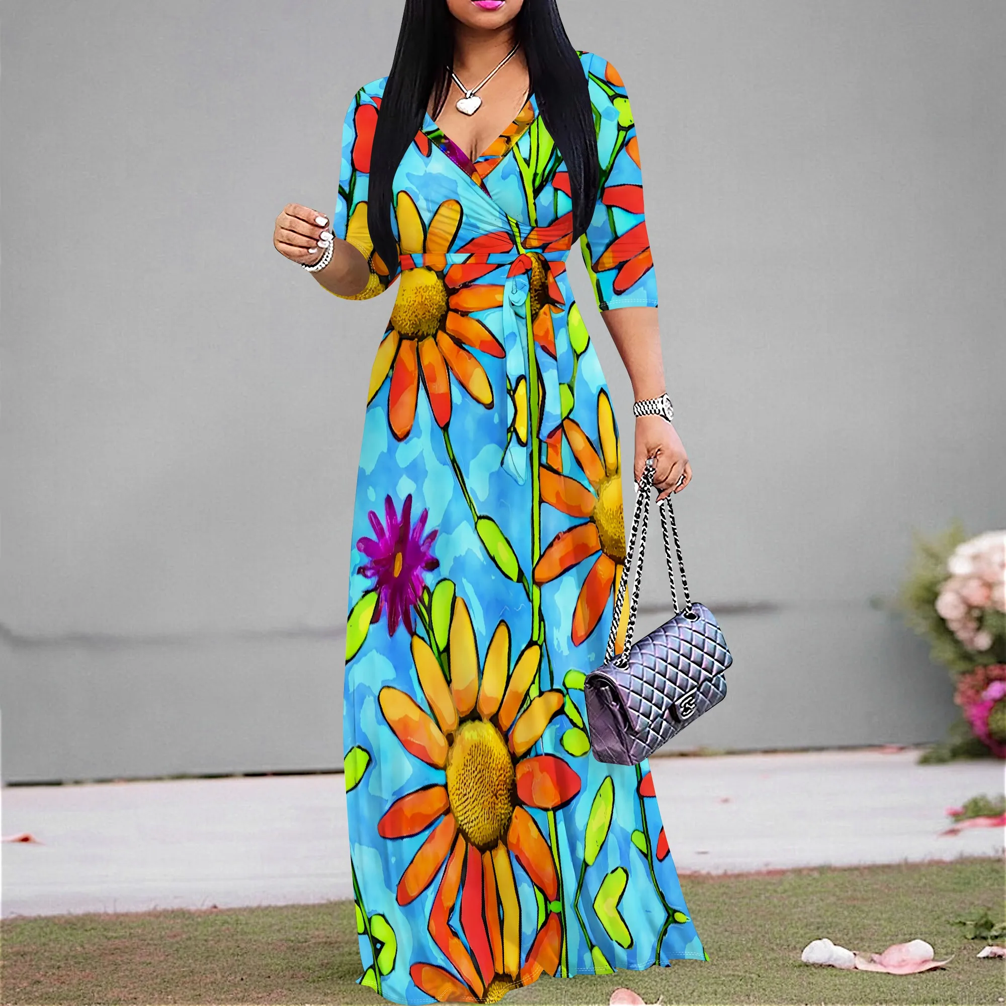 Sunflower Floral Maxi Dress S-3XL V-Neck Wrap Belted 3/4 Sleeve for Spring Festival, Garden Party or Picnic
Sunflower Floral Maxi Dress S-3XL V-Neck Wrap Belted 3/4 Sleeve for Spring Festival, Garden Party or Picnic
