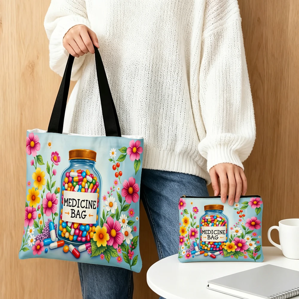 Floral Medicine Bag Tote Bag Light Blue Colorful Flower And Pills Print Shoulder Bags And Cosmetic Bag Combination Storage Pouch
Floral Medicine Bag Tote Bag Light Blue Colorful Flower And Pills Print Shoulder Bags And Cosmetic Bag Combination Storage Pouch