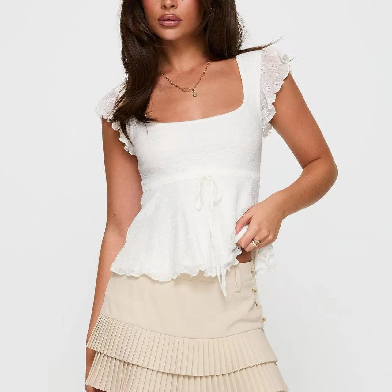 2026 New Summer Women's Textured Ruffle Tie Back Half Sleeve Crop Top Slim Fit Short Sleeve T Shirt
2026 New Summer Women's Textured Ruffle Tie Back Half Sleeve Crop Top Slim Fit Short Sleeve T Shirt