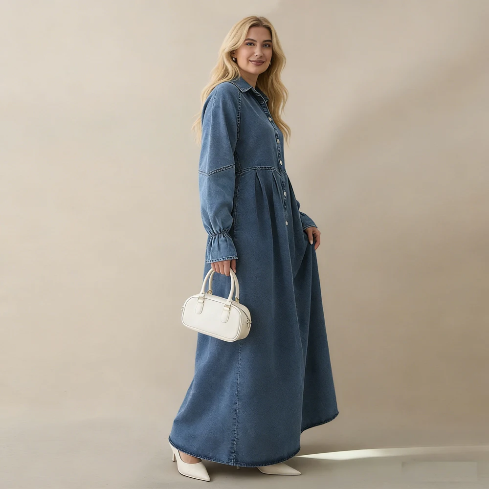Fashion Single Breasted Shirt Long Denim Dress for Women Modest Muslim Maxi Dresses Dubai Abaya Islam Clothing Marocain Femme
Fashion Single Breasted Shirt Long Denim Dress for Women Modest Muslim Maxi Dresses Dubai Abaya Islam Clothing Marocain Femme