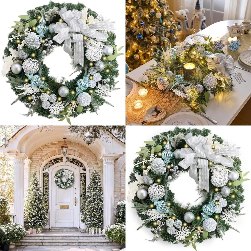 24 Inch Pre-Lit Christmas Wreath with Blue, Silver, and White Lights for Outdoor Door, Porch, or Window Holiday Decor
24 Inch Pre-Lit Christmas Wreath with Blue, Silver, and White Lights for Outdoor Door, Porch, or Window Holiday Decor