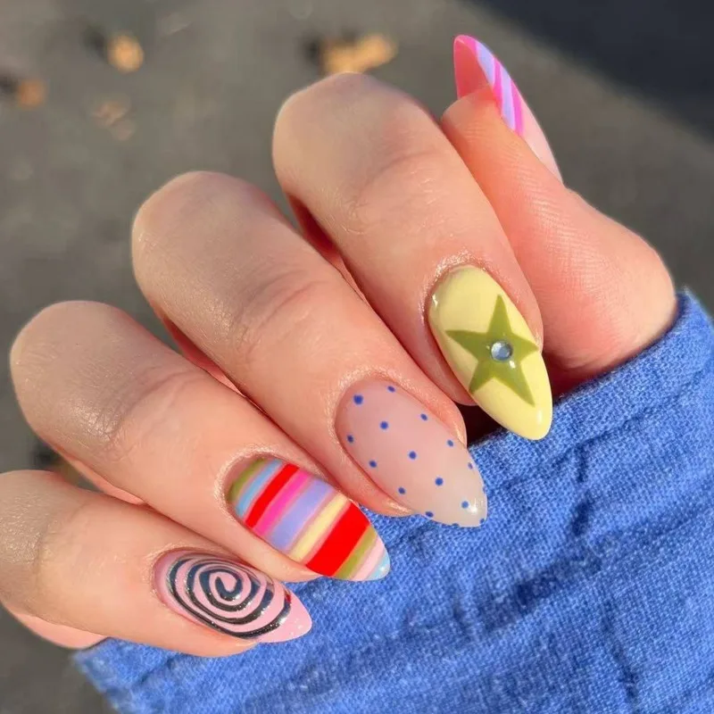 24Pcs False Nails Dopamine-Inspired Almond-Shaped Polka Dot and Striped Press-On Nails—Perfect As A Gift for Girls and Friends
24Pcs False Nails Dopamine-Inspired Almond-Shaped Polka Dot and Striped Press-On Nails—Perfect As A Gift for Girls and Friends