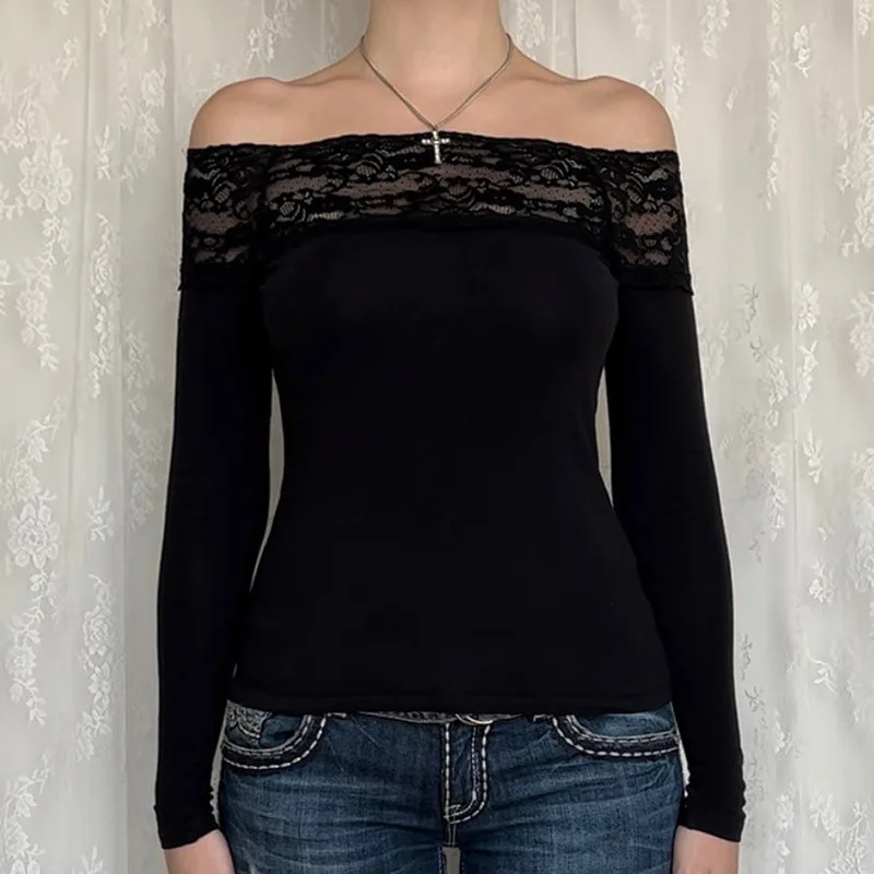 Woman Elegant Black Long Sleeve Top Autumn & Winter New Women's Fashion Lace Splice Off Shoulder Sexy Spicy Girl Slim T-shirt
Woman Elegant Black Long Sleeve Top Autumn & Winter New Women's Fashion Lace Splice Off Shoulder Sexy Spicy Girl Slim T-shirt