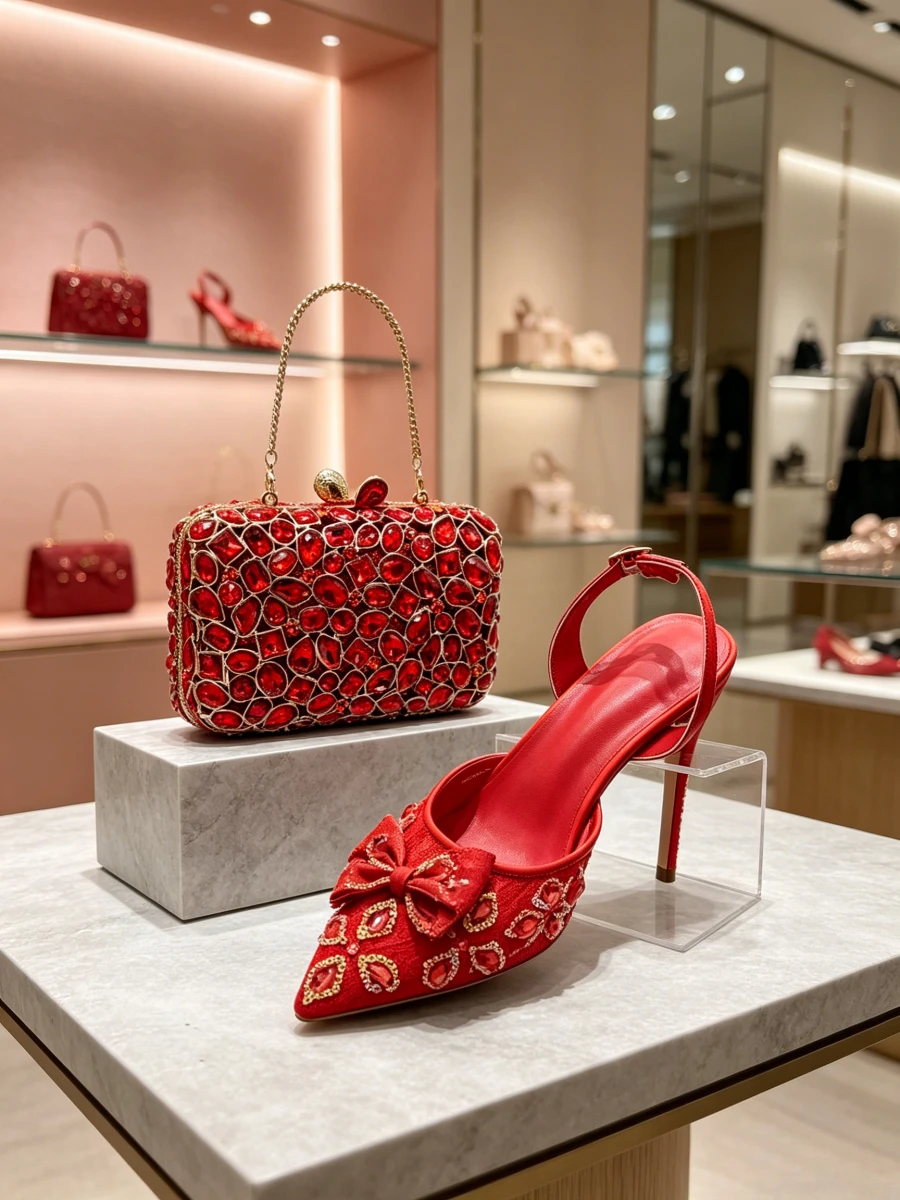 Bright Red Geometric Gem Lace Pointed Slingback Heels Matching Chain Rectangle Clutch Bag Set, Luxury Runway Formal Evening Shoe
Bright Red Geometric Gem Lace Pointed Slingback Heels Matching Chain Rectangle Clutch Bag Set, Luxury Runway Formal Evening Shoe