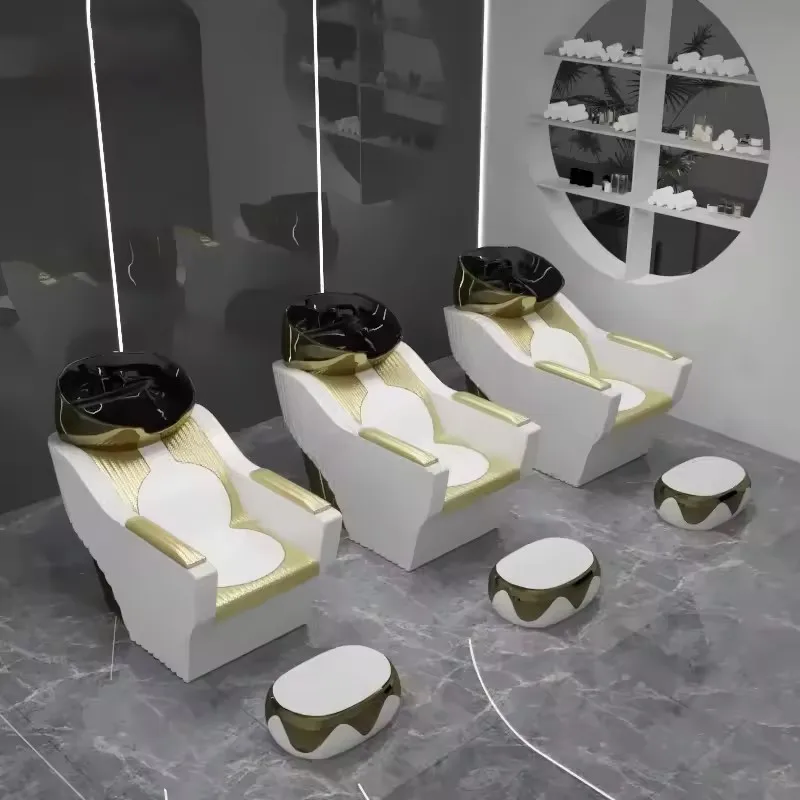 Luxury White Gold Beauty Saloon Furniture Washing Chair Reclining Barbershop Shampoo Chair For Sale
Luxury White Gold Beauty Saloon Furniture Washing Chair Reclining Barbershop Shampoo Chair For Sale