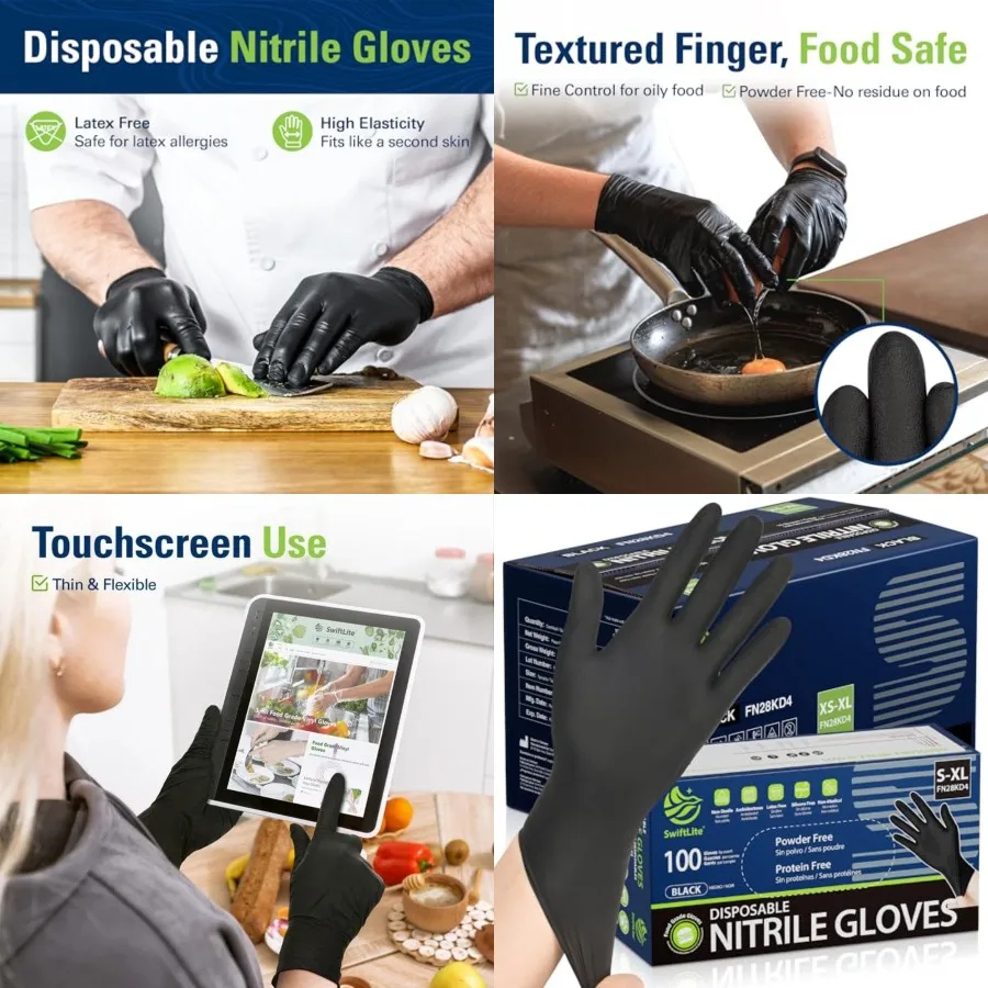 SWIFTLITE Black Nitrile Gloves, Food Safe Disposable Gloves Latex Free, Rubber Gloves Powder Free for Cooking, Kitchen Clean
SWIFTLITE Black Nitrile Gloves, Food Safe Disposable Gloves Latex Free, Rubber Gloves Powder Free for Cooking, Kitchen Clean
