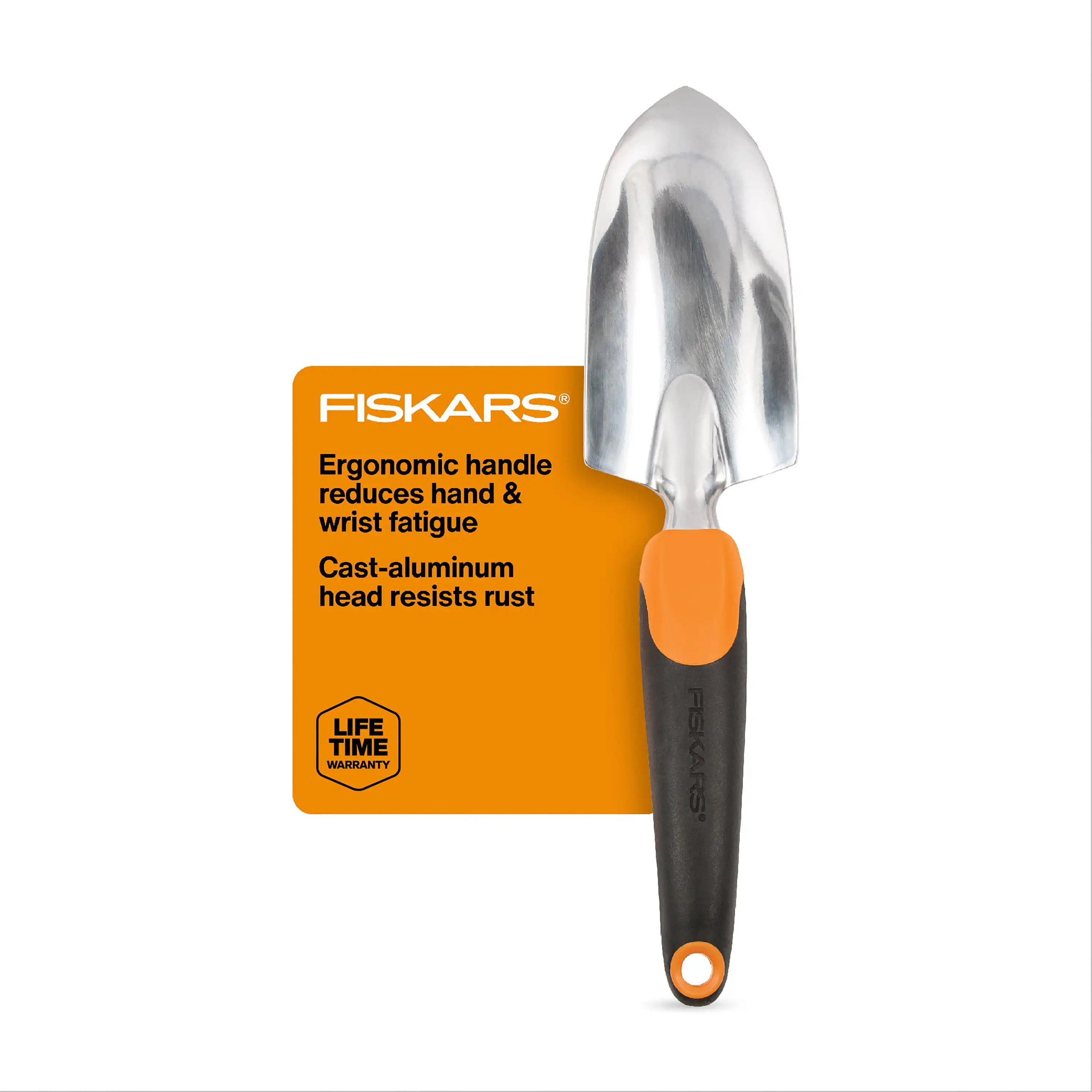 12.25" Cast Aluminum Head, Ergo Flower Bed Trowel, Includes Hang Hole, Black and Orange
12.25" Cast Aluminum Head, Ergo Flower Bed Trowel, Includes Hang Hole, Black and Orange