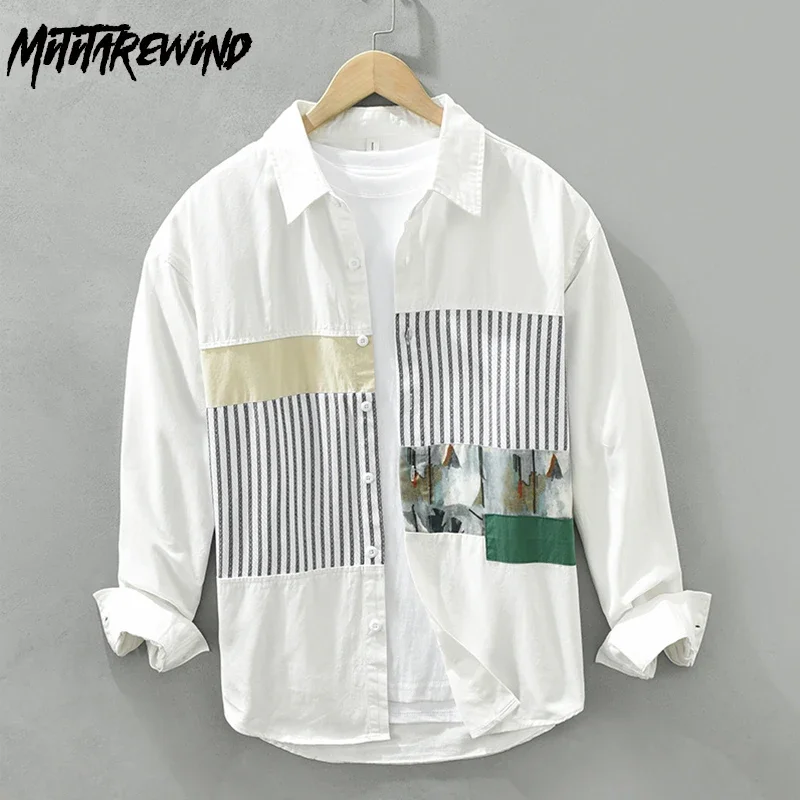 Японские модные мужские рубашки, весенняя уличная повседневная белая рубашка с длинным рукавом, мужская дизайнерская рубашка с лоскутным принтом, молодежные свободные топы 
Японские модные мужские рубашки, весенняя уличная повседневная белая рубашка с длинным рукавом, мужская дизайнерская рубашка с лоскутным принтом, молодежные свободные топы