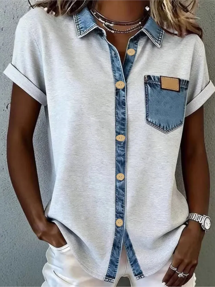 Fashion Elegant Casual Top Shirt Spring And Summer New Retro Contrasting Splicing Short-sleeved Pocket Women's Tops And Shirts
Fashion Elegant Casual Top Shirt Spring And Summer New Retro Contrasting Splicing Short-sleeved Pocket Women's Tops And Shirts