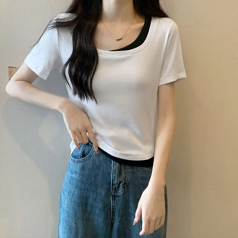 Color Blocked Short T-Shirt Women's Short Sleeved Summer 2025 New Item Fake Two-Piece Slimming Half Sleeved Small Top
Color Blocked Short T-Shirt Women's Short Sleeved Summer 2025 New Item Fake Two-Piece Slimming Half Sleeved Small Top