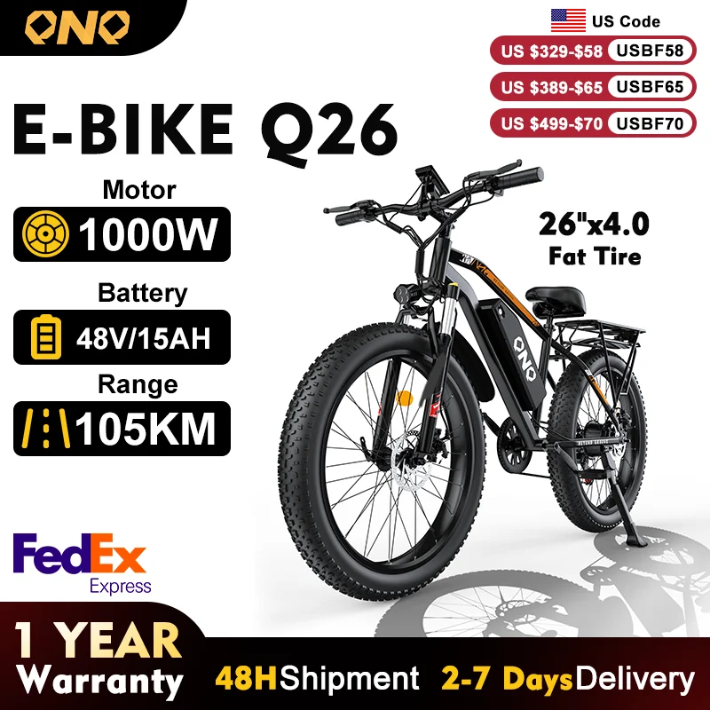 QNQ Q26 Electric Bicycle 1500W Motor 48V15AH Lithium Battery Electric Bike 26 Inch Fat Tire Snow E-bike
QNQ Q26 Electric Bicycle 1500W Motor 48V15AH Lithium Battery Electric Bike 26 Inch Fat Tire Snow E-bike