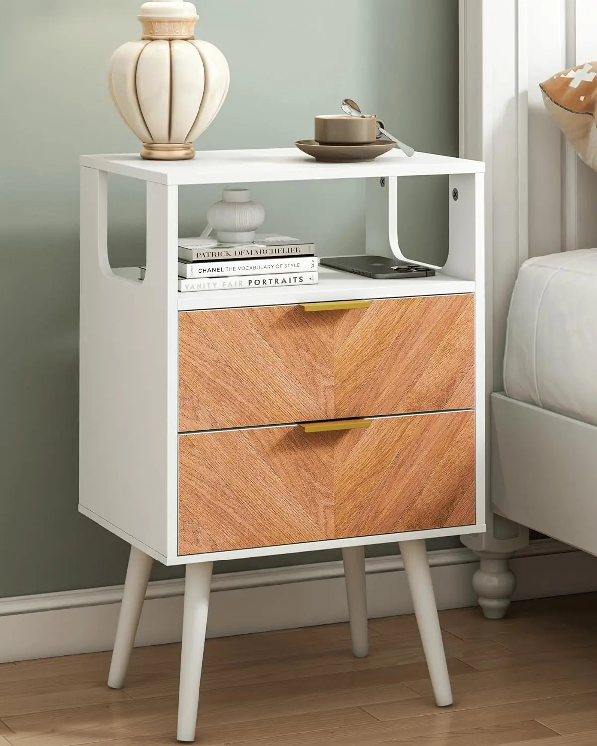 Solid Wood Nightstand with 2 Storage Drawer and Open Wood Shelf, End Table, Bedside Table with Herringbone Pattern for Rustic
Solid Wood Nightstand with 2 Storage Drawer and Open Wood Shelf, End Table, Bedside Table with Herringbone Pattern for Rustic