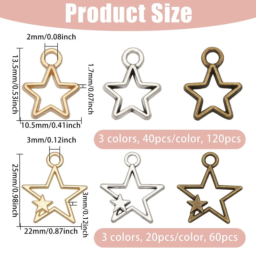 180Pcs Style Alloy Pendants Star Charms Mixed Color 13.5~25x10.5~22x1.7~3mm Hole: 2~3mm
180Pcs Style Alloy Pendants Star Charms Mixed Color 13.5~25x10.5~22x1.7~3mm Hole: 2~3mm