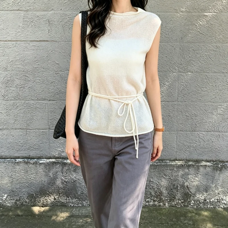 Karofi Women White Sheer Sleeveless Knit Vest Round Neck Drawstring Waist Hollow Out Tank Top Casual Layering Waistcoat T508
Karofi Women White Sheer Sleeveless Knit Vest Round Neck Drawstring Waist Hollow Out Tank Top Casual Layering Waistcoat T508
