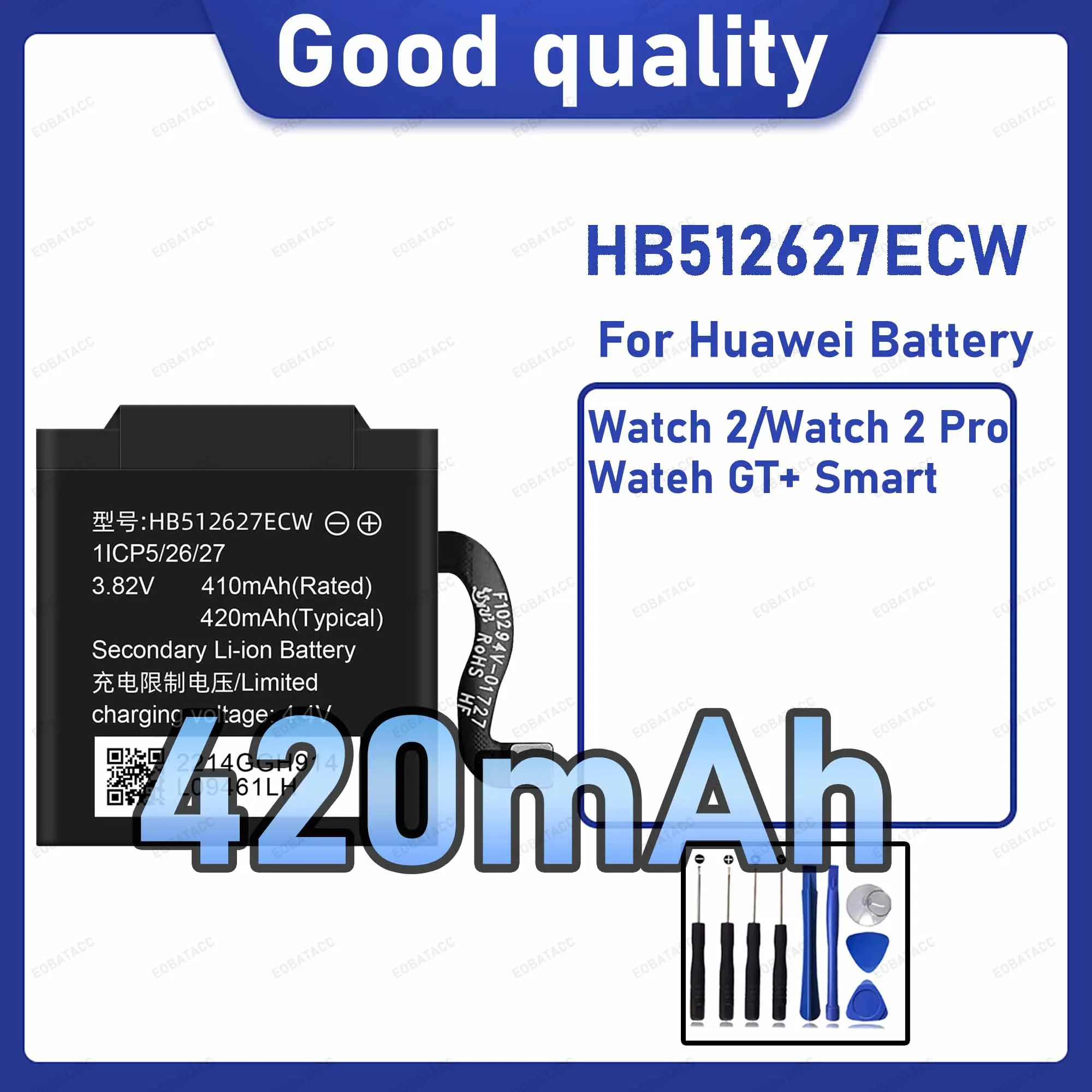 420mAh HB512627ECW Replacement Battery for Huawei Watch 2/Watch 2 Pro Smart Band Watch with Repair Tools Kit
420mAh HB512627ECW Replacement Battery for Huawei Watch 2/Watch 2 Pro Smart Band Watch with Repair Tools Kit