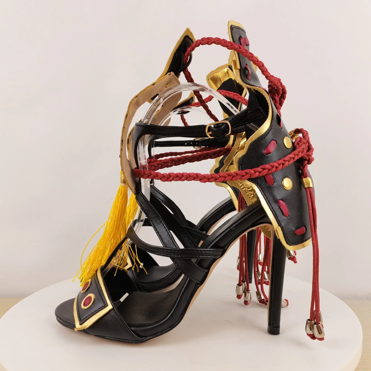 Black PU Leather Gold Red Accent Tassel Fringe Open Toe Lace‑Up Ankle Strap Thin Stiletto High Heels Pumps Women Sandals Shoes
Black PU Leather Gold Red Accent Tassel Fringe Open Toe Lace‑Up Ankle Strap Thin Stiletto High Heels Pumps Women Sandals Shoes