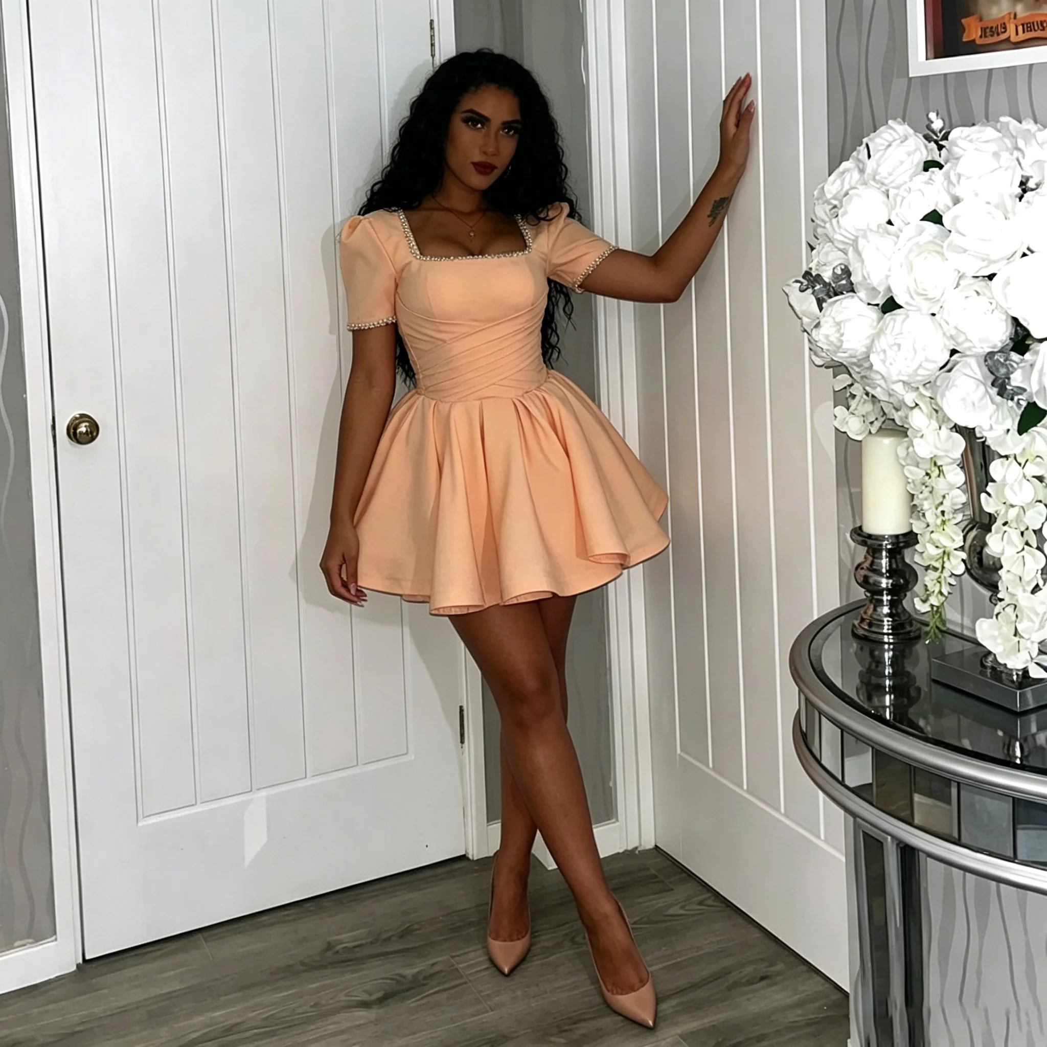 Charming Puff Sleeve Mini Dress Square Neck Rhinestone Trim Ruched Waist Flare Skirt Formal Occasion Homecoming Cocktail Party
Charming Puff Sleeve Mini Dress Square Neck Rhinestone Trim Ruched Waist Flare Skirt Formal Occasion Homecoming Cocktail Party
