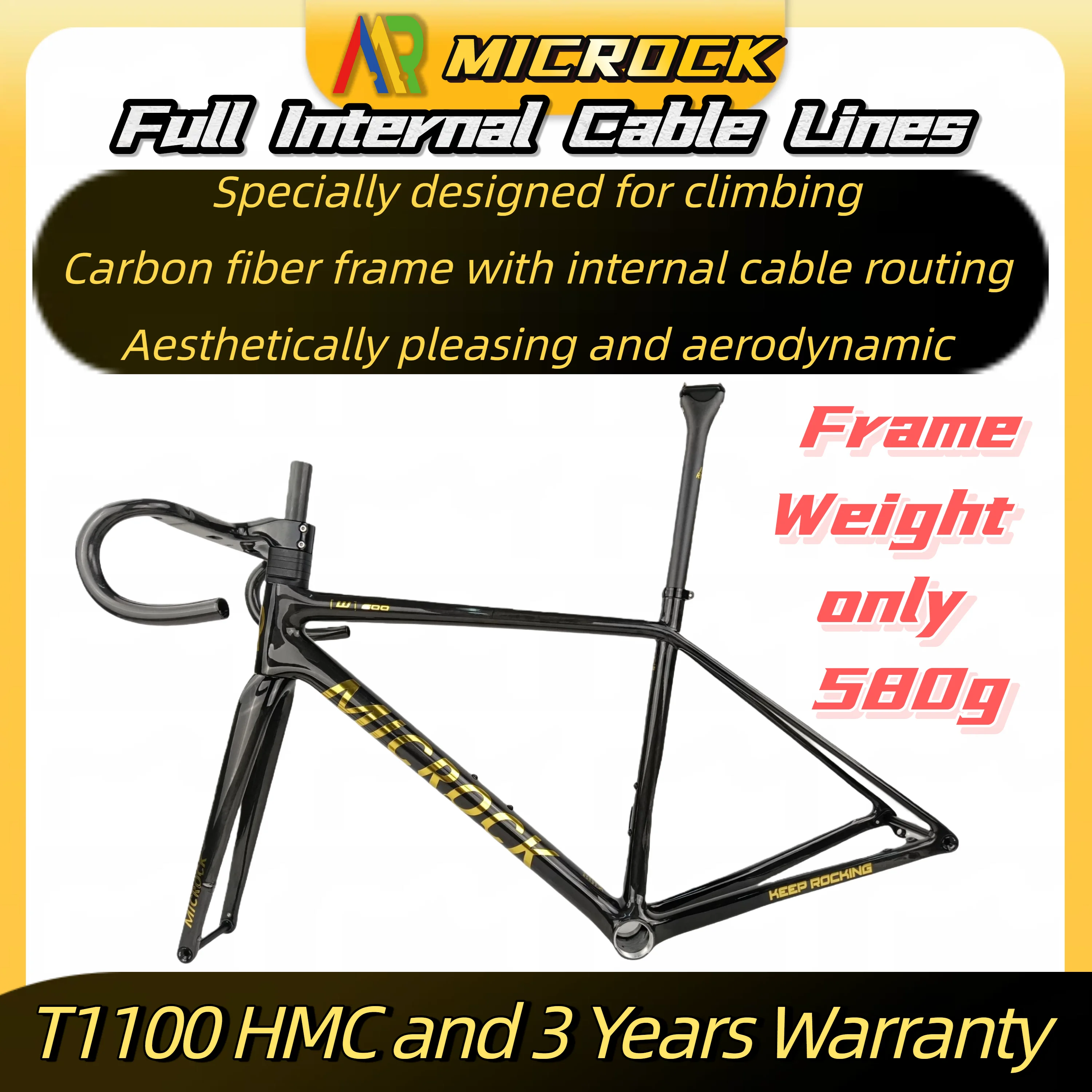 Рама для шоссейного велосипеда MIROCK GOLD, ультрлегкая, полностью карбоновая (T1000), с внутренней прокладкой кабелей, всего 580 г, с рулем
Рама для шоссейного велосипеда MIROCK GOLD, ультрлегкая, полностью карбоновая (T1000), с внутренней прокладкой кабелей, всего 580 г, с рулем