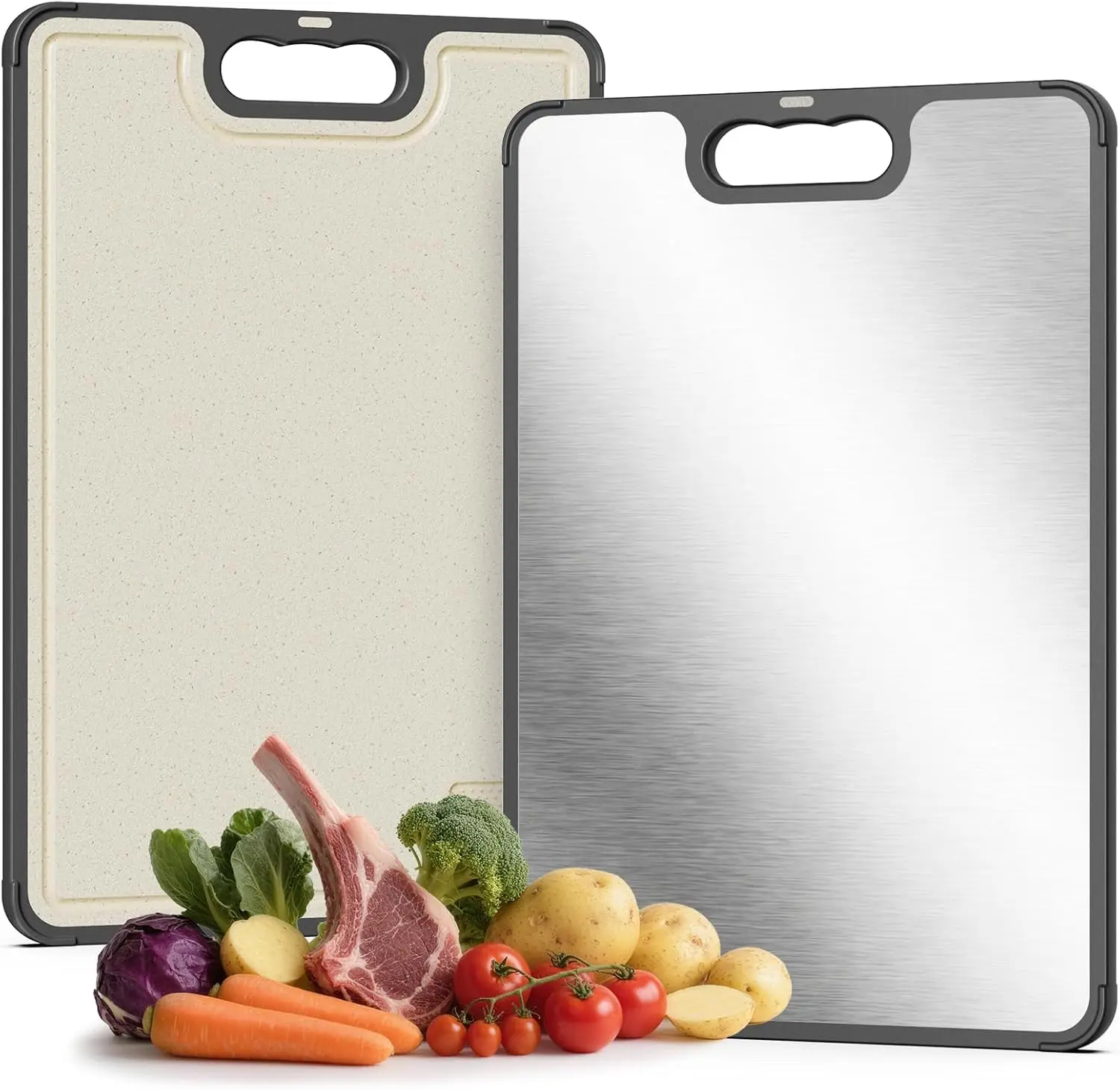 Double-Sided Cutting Board for Kitchen - Stainless Steel & Wheat Straw Chopping Board with Juice Groove and Garlic Grinder
Double-Sided Cutting Board for Kitchen - Stainless Steel & Wheat Straw Chopping Board with Juice Groove and Garlic Grinder