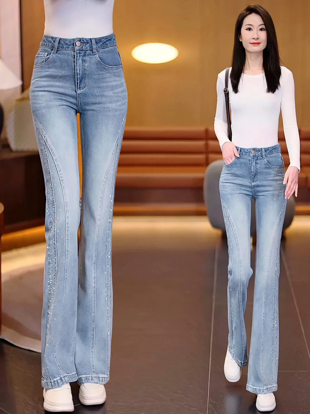 Shiny Diamond Women's Bell Bottom Jeans Spring Autumn New Style Small Size Super Beautiful Light Color Iron on Rhinestone Flares
Shiny Diamond Women's Bell Bottom Jeans Spring Autumn New Style Small Size Super Beautiful Light Color Iron on Rhinestone Flares