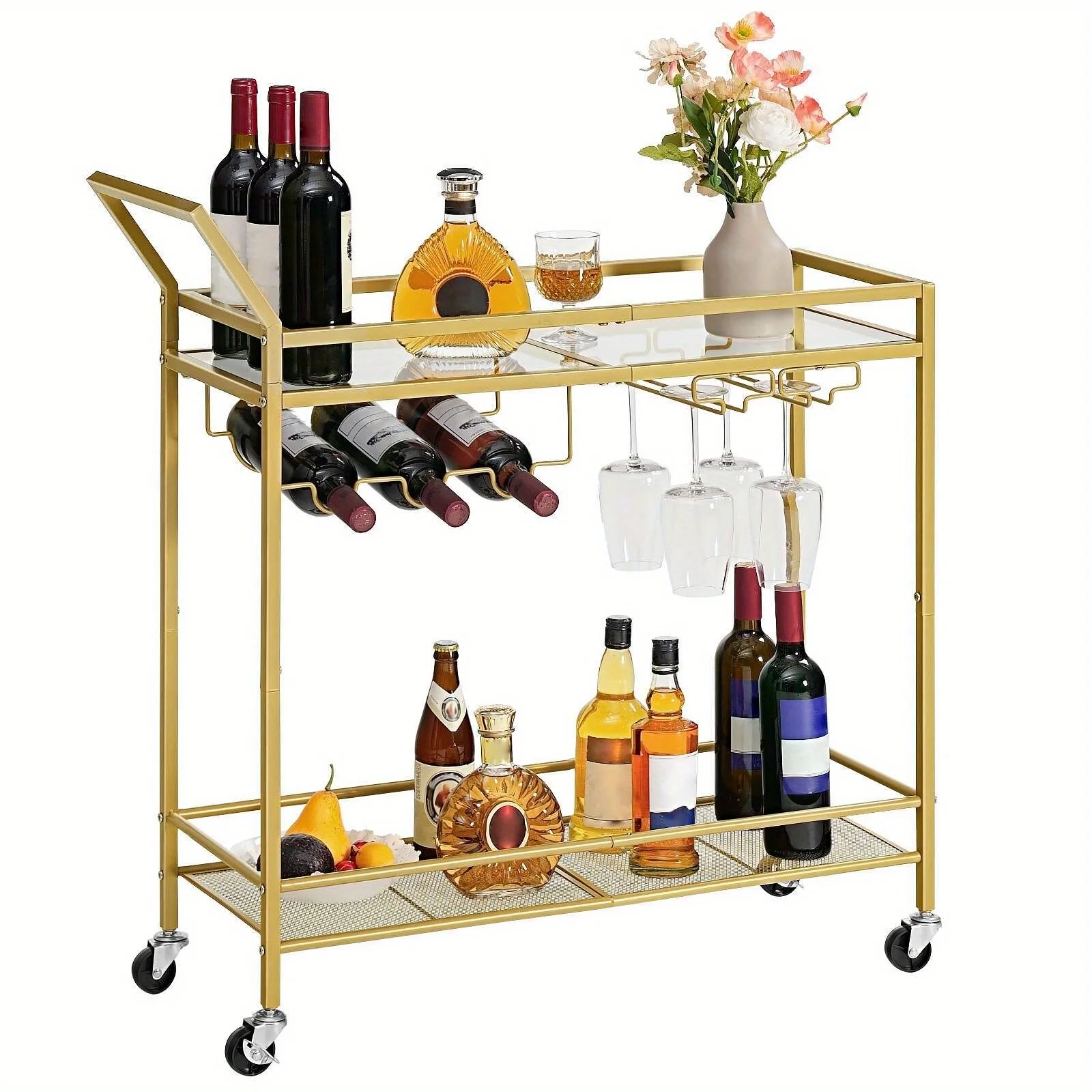 Golden, Bar Cart for The Home, 2-Tier Kitchen Cart with Wine Rack and Glass Holder, Serving Cart with Wheels and Guard Rails
Golden, Bar Cart for The Home, 2-Tier Kitchen Cart with Wine Rack and Glass Holder, Serving Cart with Wheels and Guard Rails