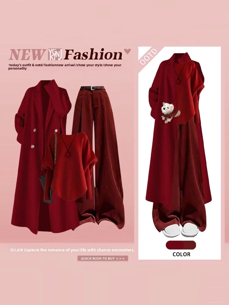 Red Knitted Sweater High Waist Wide Leg Pants Winter Fashion Women's Three Piece Set New Year's Atmosphere Sensation Coat
Red Knitted Sweater High Waist Wide Leg Pants Winter Fashion Women's Three Piece Set New Year's Atmosphere Sensation Coat