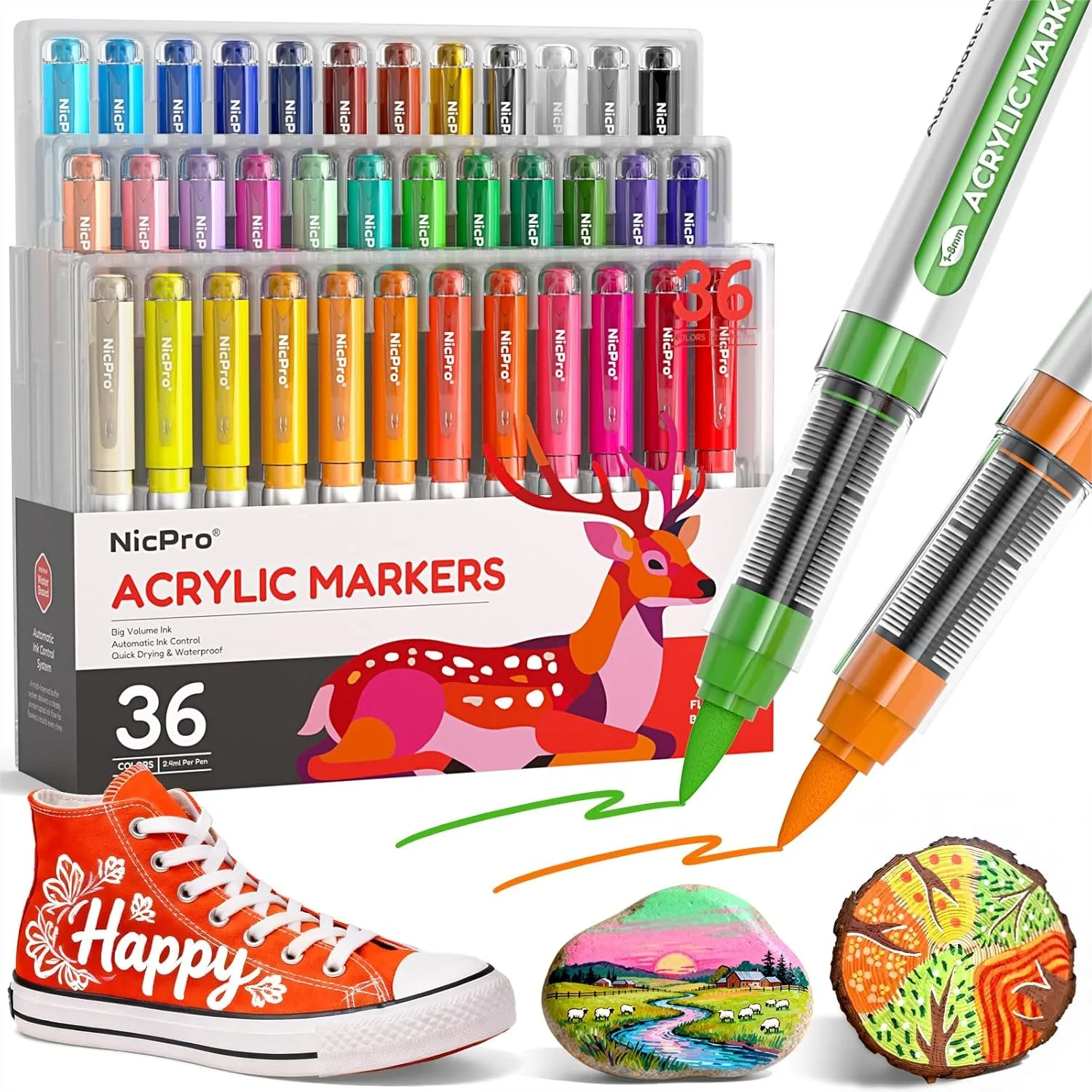36 Colors Acrylic Paint Markers Brush Tip, Water-Based No-Bleed Paint Pens for DIY Art on Rock, Wood, Glass, Ceramic, Fabric
36 Colors Acrylic Paint Markers Brush Tip, Water-Based No-Bleed Paint Pens for DIY Art on Rock, Wood, Glass, Ceramic, Fabric
