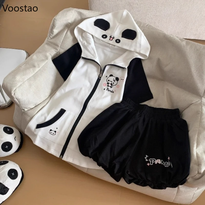 Японский комплект из 2 предметов Kawaii Lolita, женский милый милый мультяшный принт панды, футболка с капюшоном и короткими рукавами, шорты, костюм для девочек, наряд Y2k 
Японский комплект из 2 предметов Kawaii Lolita, женский милый милый мультяшный принт панды, футболка с капюшоном и короткими рукавами, шорты, костюм для девочек, наряд Y2k