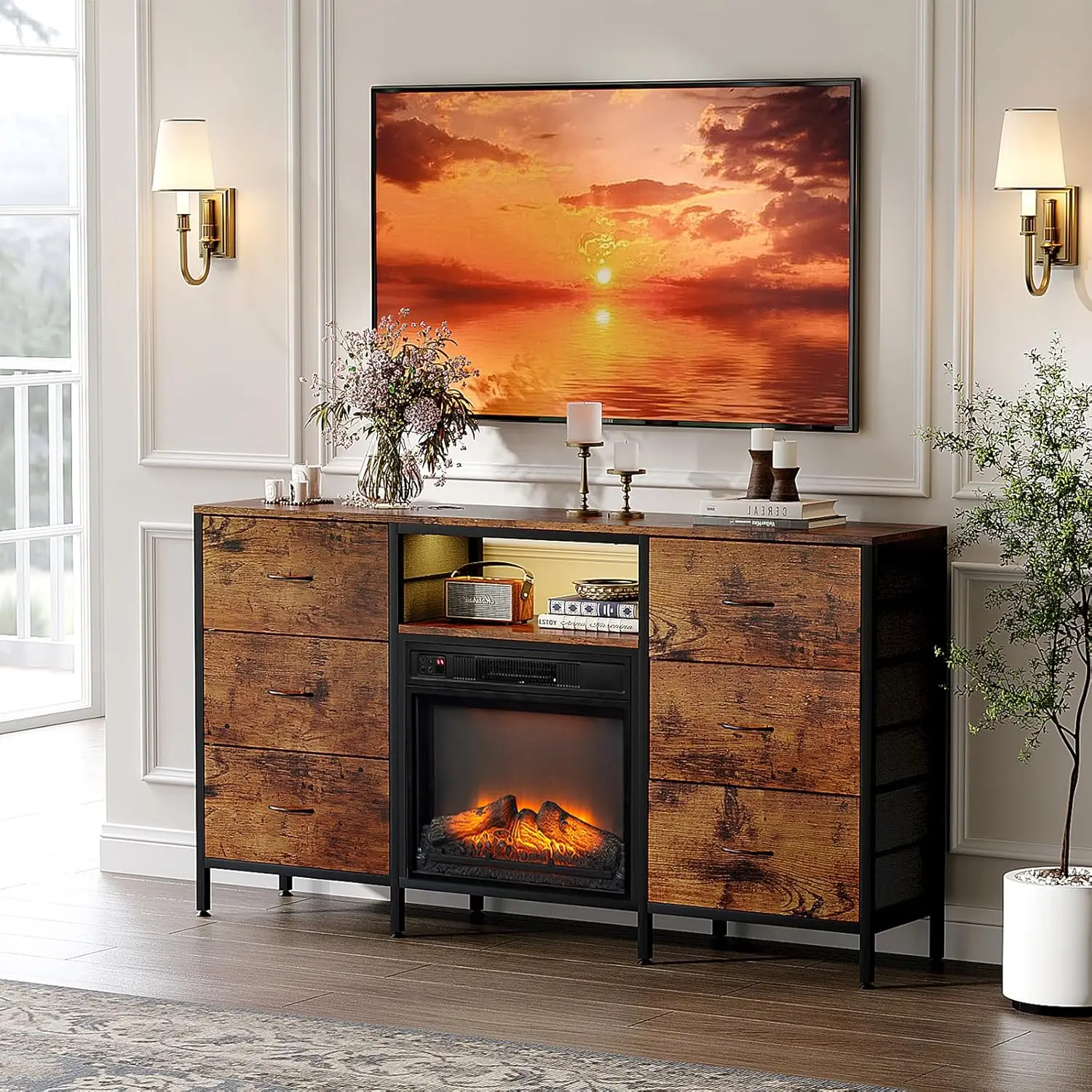 Каминная подставка для телевизора Комод с тканевым ящиком, развлекательный центр со светодиодной подсветкой и промышленным консольным столиком для телевизора с открытым носком
Каминная подставка для телевизора Комод с тканевым ящиком, развлекательный центр со светодиодной подсветкой и промышленным консольным столиком для телевизора с открытым носком