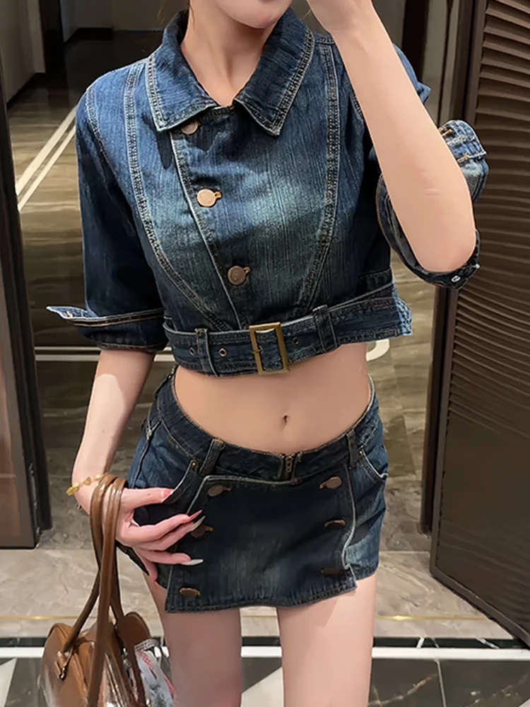 Retro American High Street Short Style Faded Denim Jacket Women Summer Thin Spicy Double Button Low Waist Skirt Pants
Retro American High Street Short Style Faded Denim Jacket Women Summer Thin Spicy Double Button Low Waist Skirt Pants