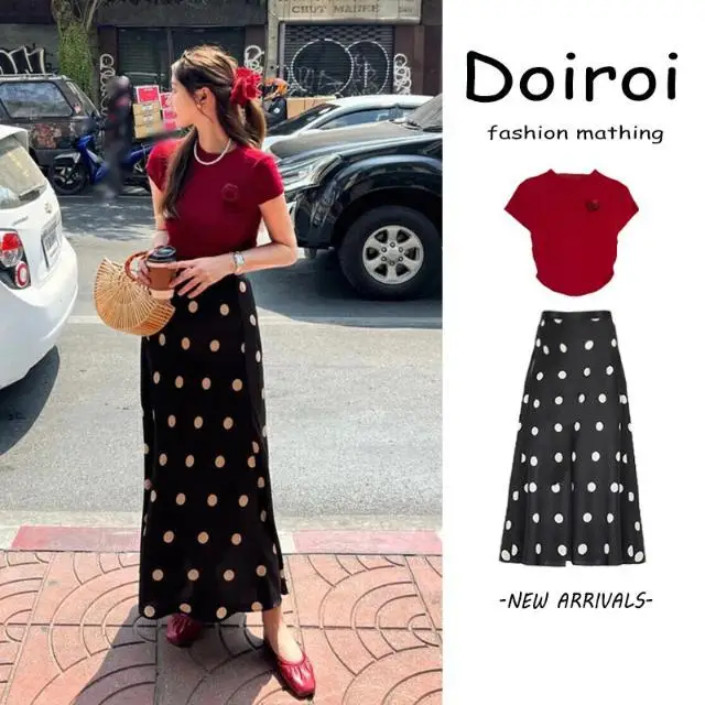 Summer Women Suit Korean Style Red Short Sleeve T-shirt Top High Waist Polka Dot Skirt Set Fashion Two Piece Sets Women Outfits
Summer Women Suit Korean Style Red Short Sleeve T-shirt Top High Waist Polka Dot Skirt Set Fashion Two Piece Sets Women Outfits