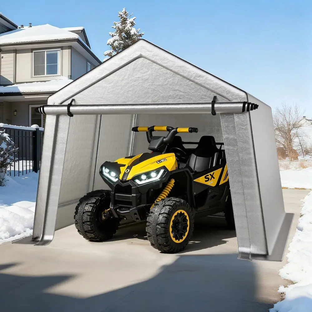 10x10 Heavy-Duty Waterproof PE Tarp Carport with Roll-up Door, Ventilation, Ideal for Motorcycles, Bikes, and Tool Storage - Gra
10x10 Heavy-Duty Waterproof PE Tarp Carport with Roll-up Door, Ventilation, Ideal for Motorcycles, Bikes, and Tool Storage - Gra