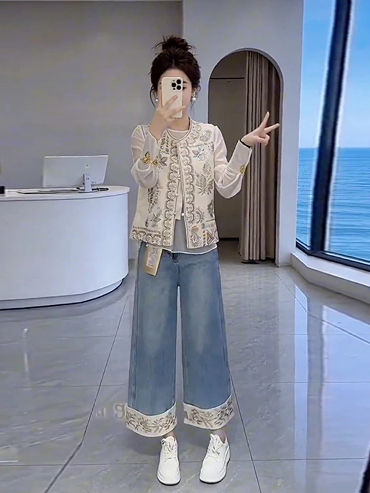 New Chinese Style Heavy Work Denim Set Women's round Neck Splice Top And Bottom Three-Piece Suit Casual Loose Fit Fashion
New Chinese Style Heavy Work Denim Set Women's round Neck Splice Top And Bottom Three-Piece Suit Casual Loose Fit Fashion