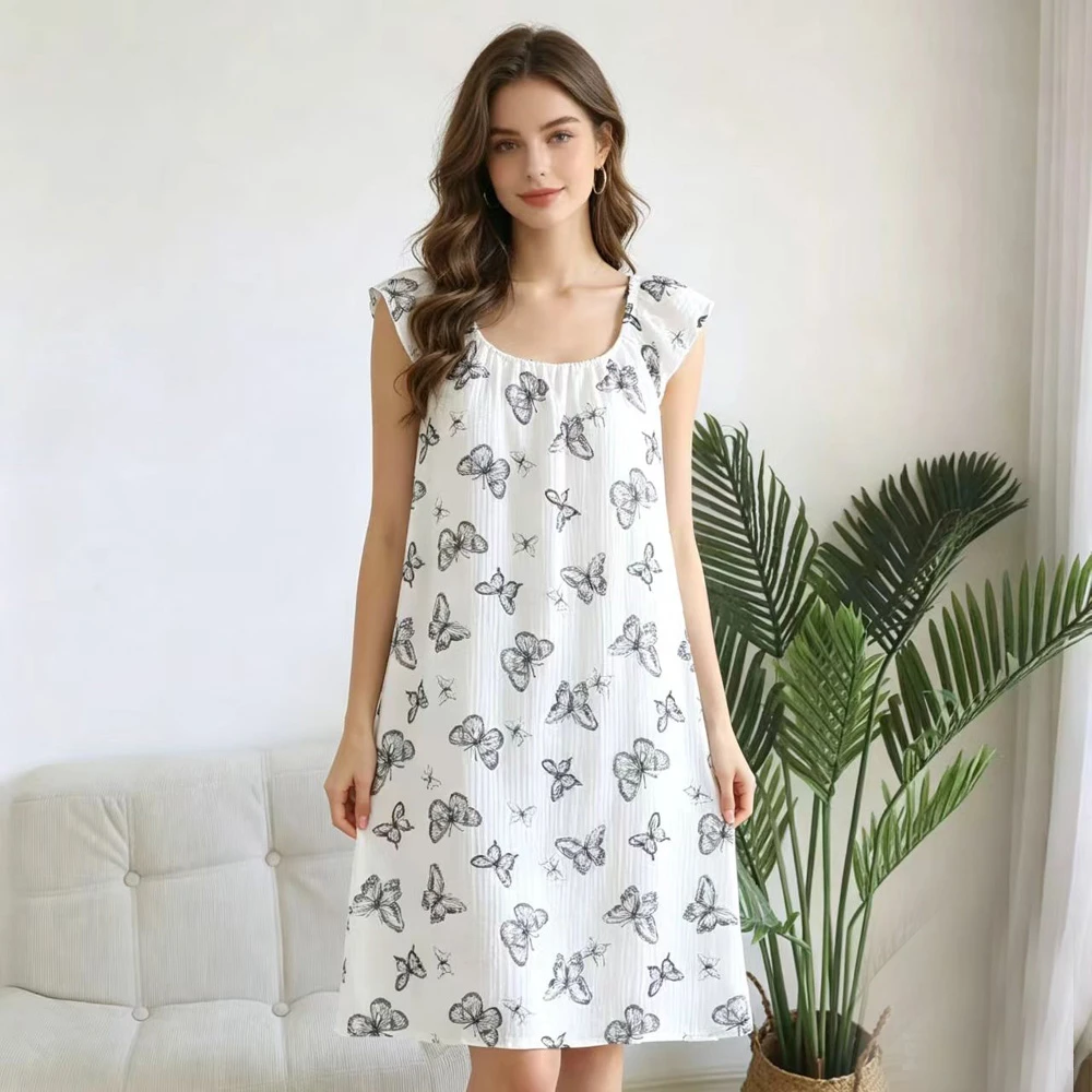 Women's Pure Cotton Gauze Nightgown Sweet Girls Butterfly Print Sleeveless Sleep Dress Soft Home Wear Nightdress With Chest Pad
Women's Pure Cotton Gauze Nightgown Sweet Girls Butterfly Print Sleeveless Sleep Dress Soft Home Wear Nightdress With Chest Pad