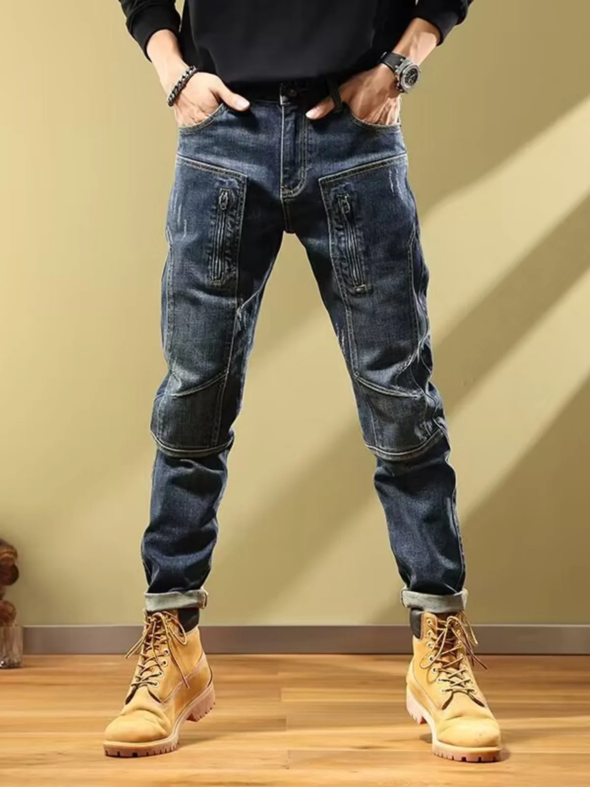 Thickened Zipper American Style Men's Jeans Slim Fit Biker Splicing Elastic Casual Long Pants Spring Autumn New Arrival
Thickened Zipper American Style Men's Jeans Slim Fit Biker Splicing Elastic Casual Long Pants Spring Autumn New Arrival